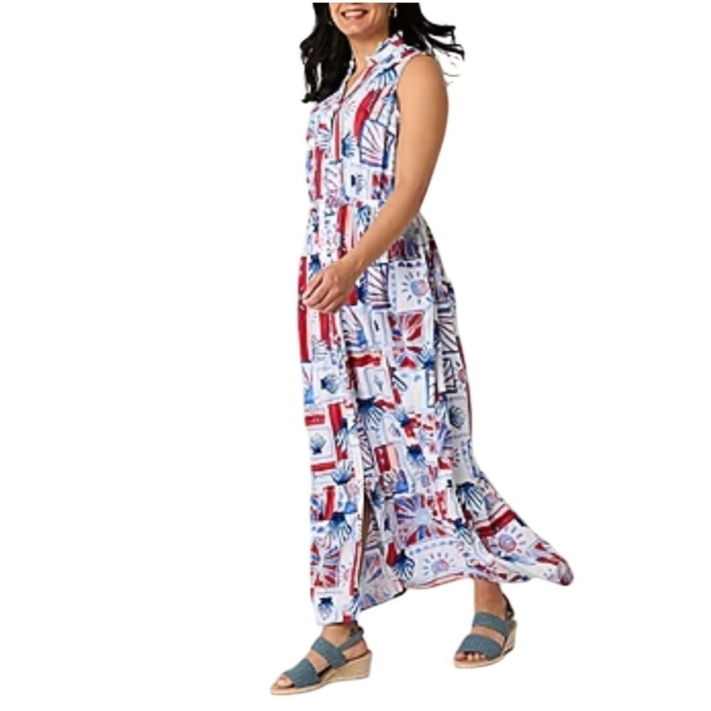 St Johns Bay Womens Maxi Dress PXL Red White Blue Shell Print Sleeveless New NWT